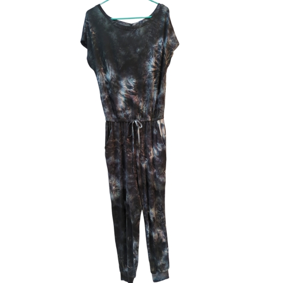 Off the Shoulder Romper, Tie Dye Jumpsuit Elastic Waist Small, Pockets, Stretchy - Picture 5 of 8